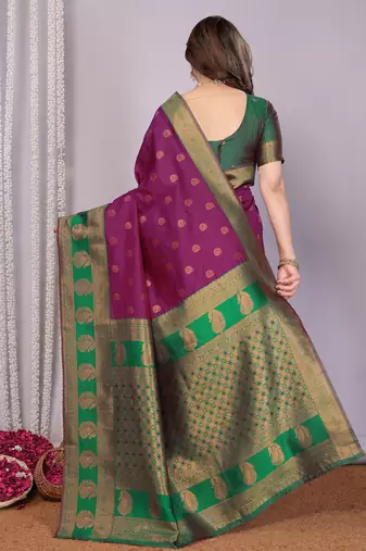 purpe green silk blend banarasi saree with unstitched blouse piece