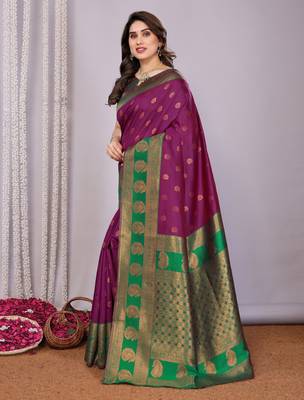 purpe green silk blend banarasi saree with unstitched blouse piece 3