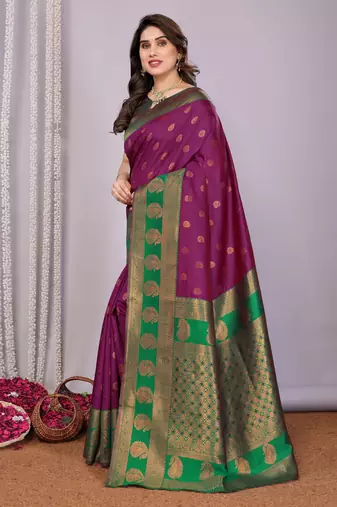 purpe green silk blend banarasi saree with unstitched blouse piece