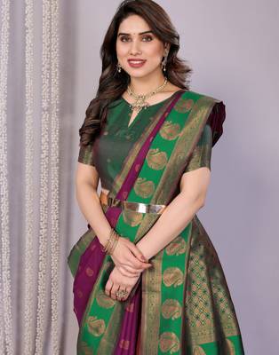 purpe green silk blend banarasi saree with unstitched blouse piece 4