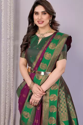 purpe green silk blend banarasi saree with unstitched blouse piece