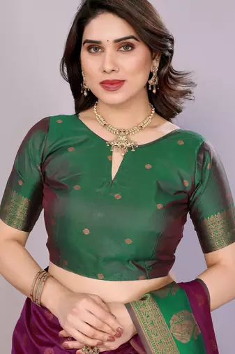 purpe green silk blend banarasi saree with unstitched blouse piece