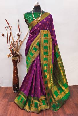 purpe green silk blend banarasi saree with unstitched blouse piece 1