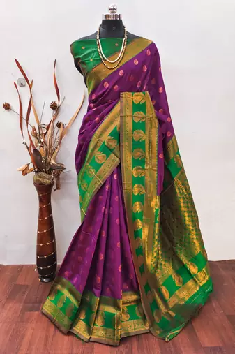 Purpe green   soft silk blend banarasi jacuard work designer party wear saree with unstitched blouse piece