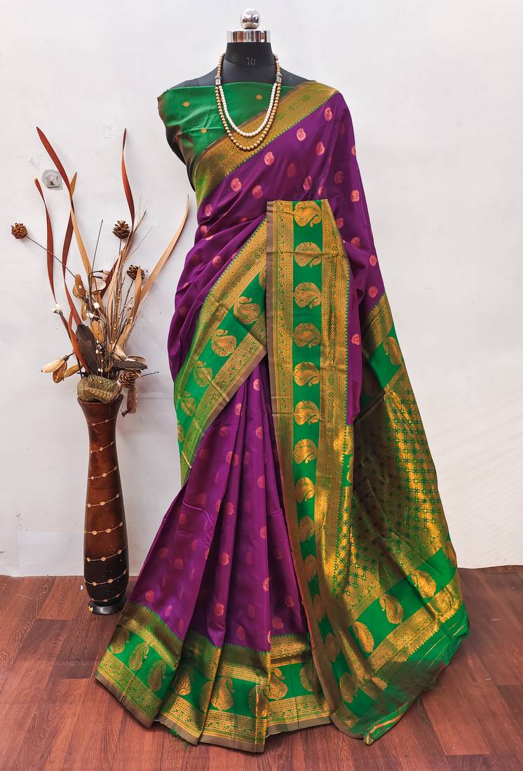 Purpe green   soft silk blend banarasi jacuard work designer party wear saree with unstitched blouse piece