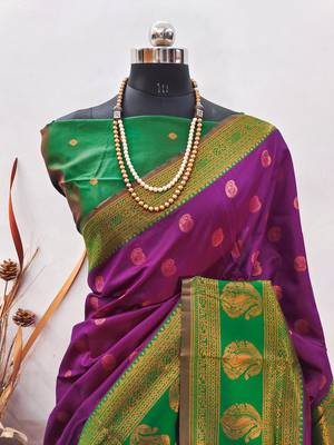 purpe green silk blend banarasi saree with unstitched blouse piece 2