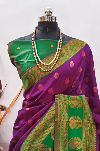 purpe green silk blend banarasi saree with unstitched blouse piece