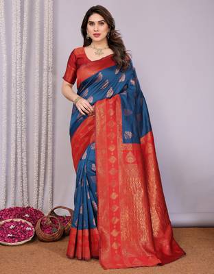 blue red silk blend banarasi saree with unstitched blouse piece 1