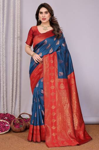 blue red   soft art silk blend banarasi jacuard work designer party wear saree with unstitched blouse piece