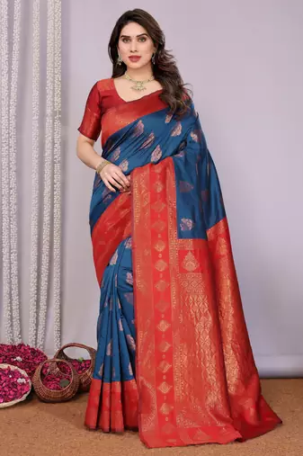 Blue red   soft silk blend banarasi jacuard work designer party wear saree with unstitched blouse piece