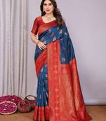 Blue red   soft silk blend banarasi jacuard work designer party wear saree with unstitched blouse piece