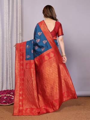 blue red silk blend banarasi saree with unstitched blouse piece 2