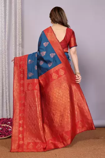 blue red silk blend banarasi saree with unstitched blouse piece