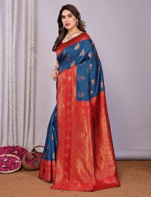 blue red silk blend banarasi saree with unstitched blouse piece 3