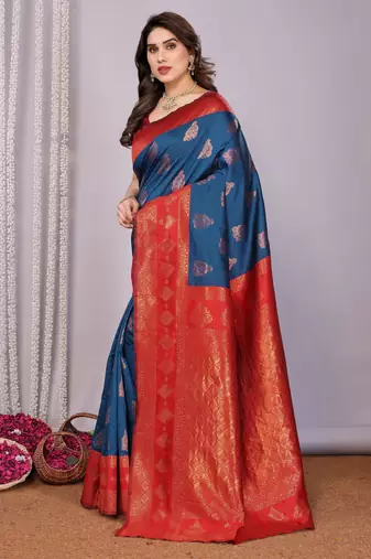 blue red silk blend banarasi saree with unstitched blouse piece