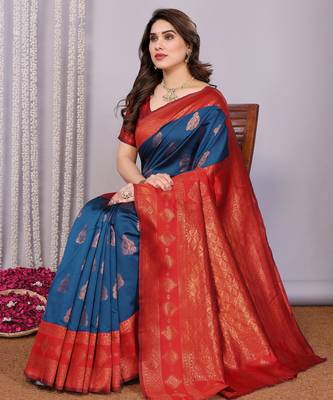 blue red silk blend banarasi saree with unstitched blouse piece 4