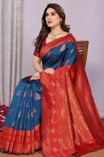 blue red silk blend banarasi saree with unstitched blouse piece
