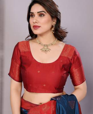 blue red silk blend banarasi saree with unstitched blouse piece 5
