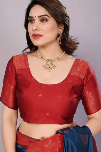 blue red silk blend banarasi saree with unstitched blouse piece