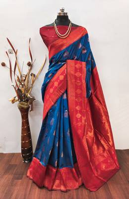blue red silk blend banarasi saree with unstitched blouse piece 1