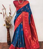 Blue red   soft silk blend banarasi jacuard work designer party wear saree with unstitched blouse piece