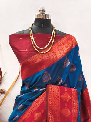 blue red silk blend banarasi saree with unstitched blouse piece 2