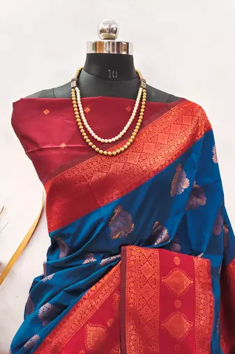 blue red silk blend banarasi saree with unstitched blouse piece