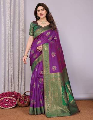 purple green silk blend banarasi saree with unstitched blouse piece 1