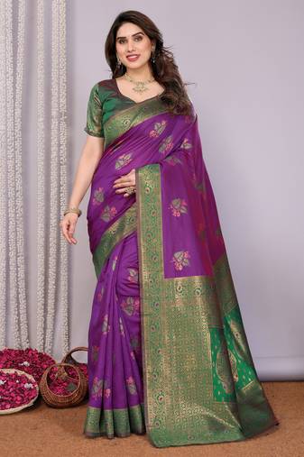 purple green  soft art silk blend banarasi jacuard work designer party wear saree with unstitched blouse piece