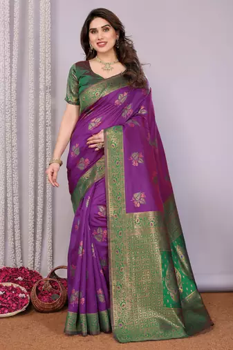 Purple green  soft silk blend banarasi jacuard work designer party wear saree with unstitched blouse piece