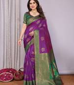 Purple green  soft silk blend banarasi jacuard work designer party wear saree with unstitched blouse piece