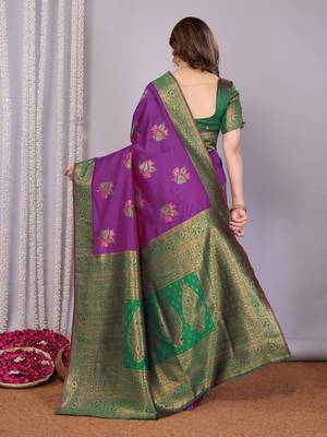 purple green silk blend banarasi saree with unstitched blouse piece 2
