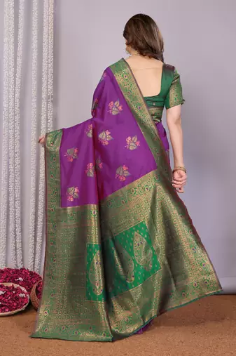 purple green silk blend banarasi saree with unstitched blouse piece