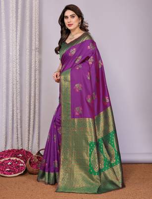 purple green silk blend banarasi saree with unstitched blouse piece 3