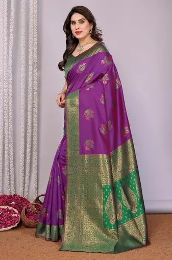 purple green silk blend banarasi saree with unstitched blouse piece
