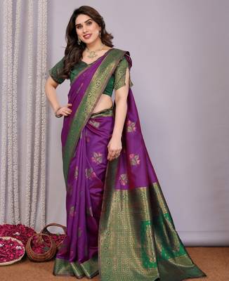 purple green silk blend banarasi saree with unstitched blouse piece 4