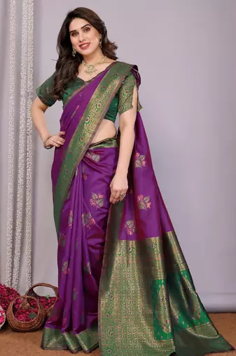 purple green silk blend banarasi saree with unstitched blouse piece