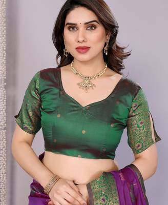 purple green silk blend banarasi saree with unstitched blouse piece 5