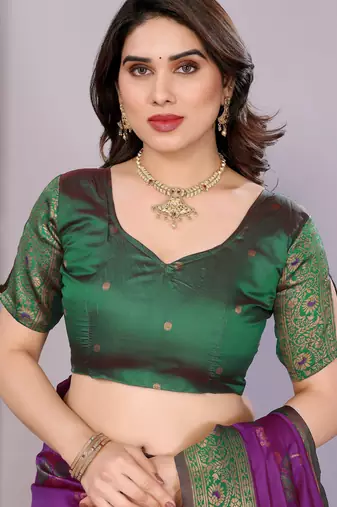 purple green silk blend banarasi saree with unstitched blouse piece