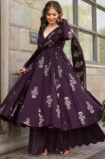 Dark purple pure muslin digital printed designer salwar suit