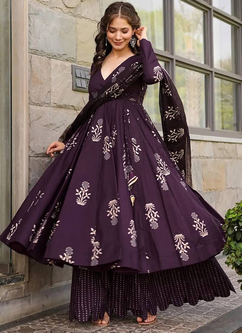 Dark purple pure muslin digital printed designer salwar suit