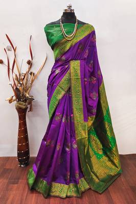 purple green silk blend banarasi saree with unstitched blouse piece 1