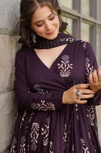 Dark purple pure muslin digital printed designer salwar suit