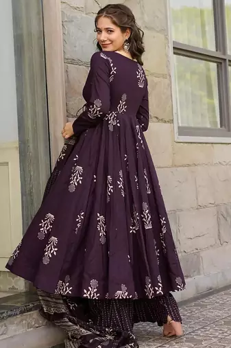 Dark purple pure muslin digital printed designer salwar suit