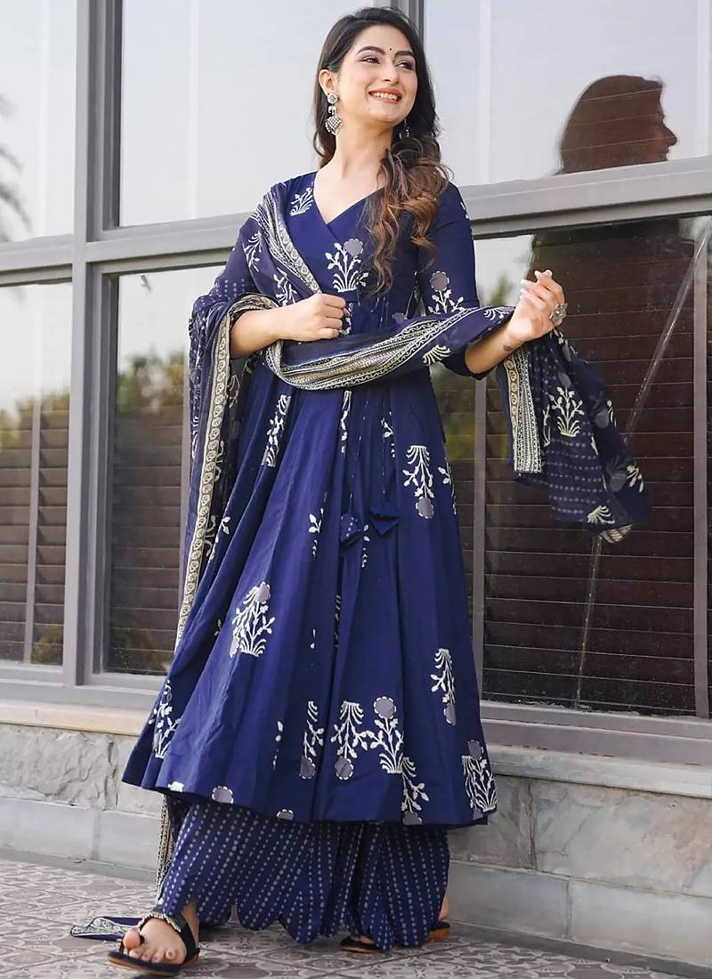 Royal blue pure muslin digital printed designer salwar suit