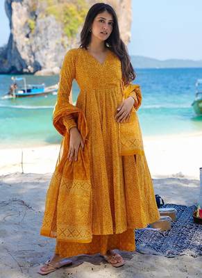 Pumpkin yellow pure muslin digital printed designer salwar suit 1