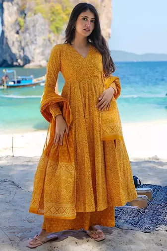 Pumpkin yellow pure muslin digital printed designer salwar suit