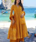 Pumpkin yellow pure muslin digital printed designer salwar suit