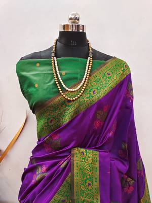 purple green silk blend banarasi saree with unstitched blouse piece 2