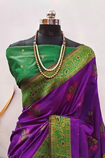 purple green silk blend banarasi saree with unstitched blouse piece